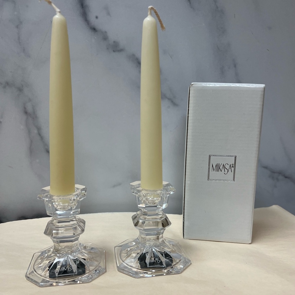 Mikasa Crystal Taper Candle Holders 3” Wide &Tall Square Shape Edinburgh Pattern - Picture 2 of 7